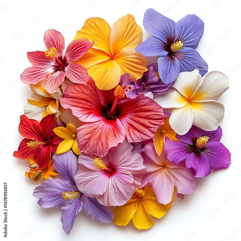 Vibrant Tropical Blooms A Colorful Hibiscus and Plumeria Arrangement Vibrant Tropical Blooms A Colorful Hibiscus and Plumeria Arrangement