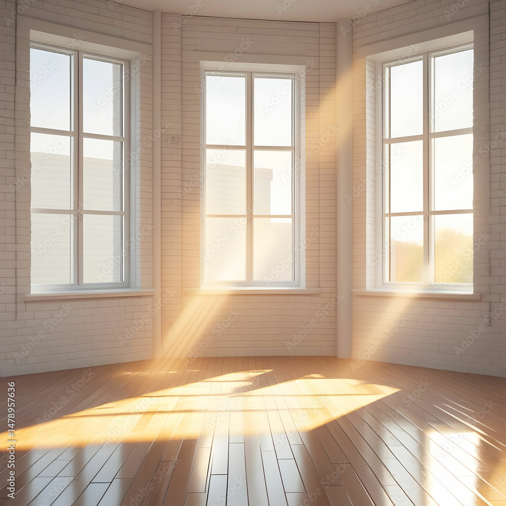Fototapeta premium A tranquil white brick room with tall windows and worn wooden floors,