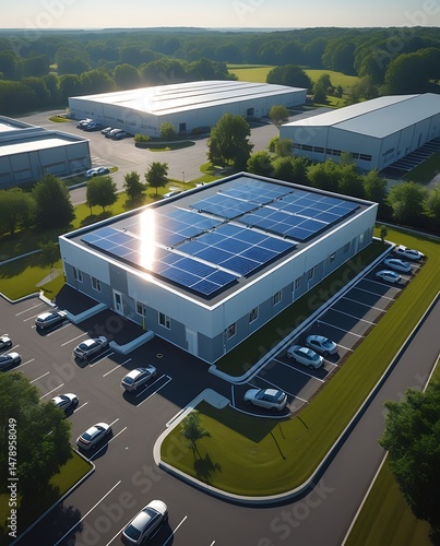 Modern commercial building equipped with rooftop solar panels in a clean industrial park, representing sustainable energy, innovation, and eco-friendly architecture in business

