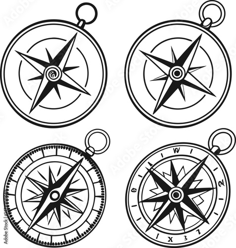 A vintage vector set of compass icons shows a classic rose design, a navigational symbol for transport and travel