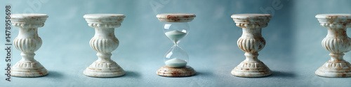 Five ornate hourglass-shaped objects, with one functioning hourglass in the center, arranged in a row on a blue background.