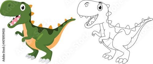 Cute dinosaur Tyrannosaurus rex cartoon characters, Kids coloring page hand drawn