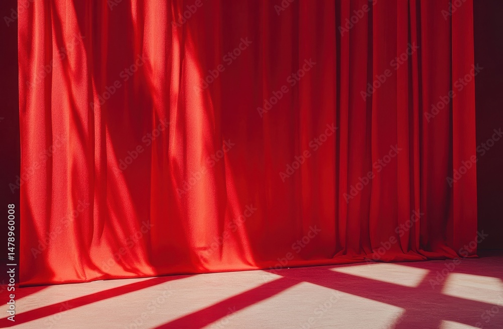 Fototapeta premium Draped crimson curtains casting shadows on a floor.