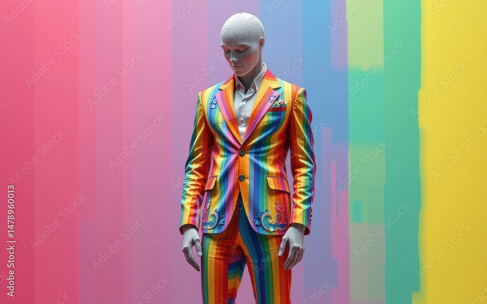 Fototapeta premium Colorful pride outfit concept. A colorful mannequin in a vibrant, striped suit against a pink and green background.