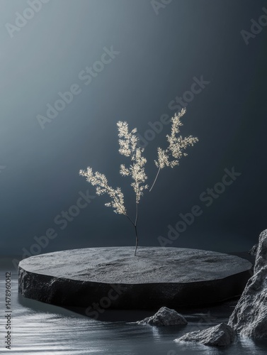 Minimalist Still Life of Delicate White Flowers on Stone Platform in Moody Lighting Studio Shot
