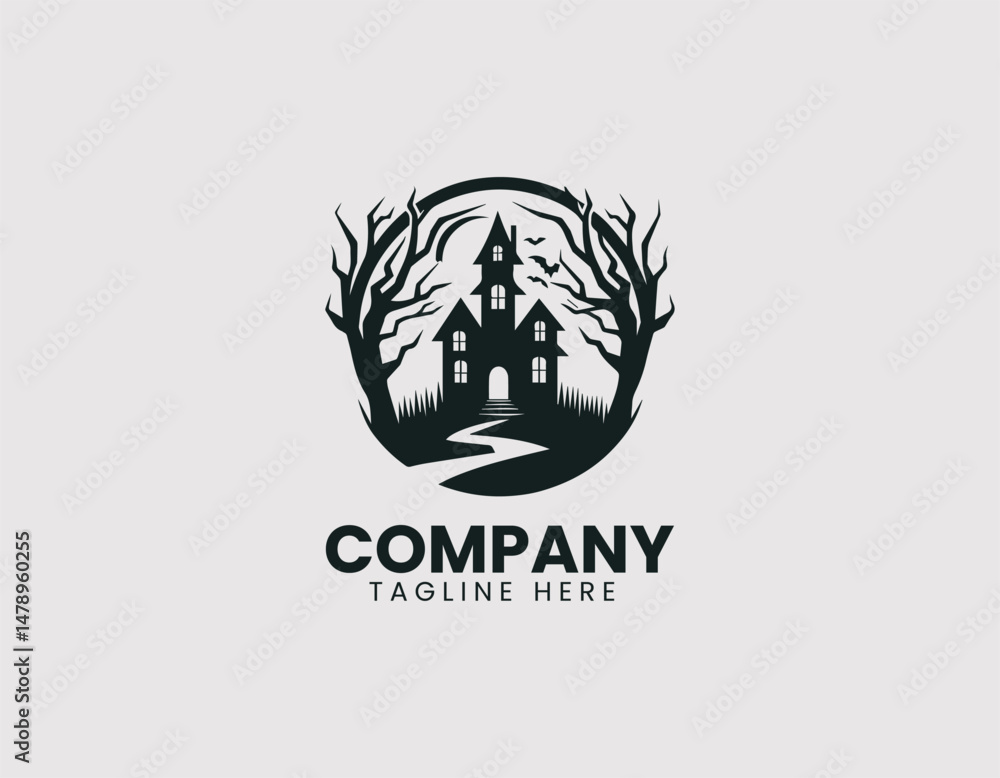 Spooky Haunted House Under Full Moon Vector Logo Design, Creepy Haunted House Full Moon Night Vector Logo Spooky Haunted House Under Full Moon Vector Logo Design, Creepy Haunted House Full Moon Night Vector Logo