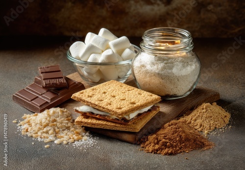 Rustic s'mores ingredients arranged on wooden board.