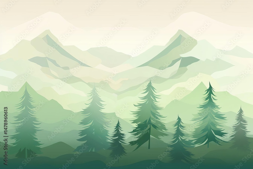 Fototapeta premium Illustration of a mountain range backdrop with pine trees in the foreground, rendered in various shades of green, gradient style.