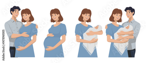 Pregnancy stages. Pregnant woman with husband, Pregnant woman, woman with newborn baby, family with newborn, baby prenatal development cartoon concept. Vector infographics.