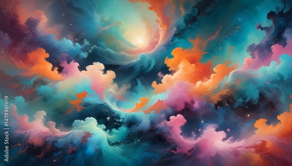 An abstract painting of vibrant, swirling clouds in shades of blue, orange, and pink. An abstract painting of vibrant, swirling clouds in shades of blue, orange, and pink.