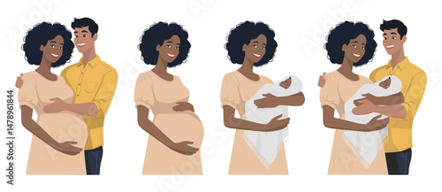 Pregnancy stages. Pregnant dark-skinned woman with husband, Pregnant woman, woman with newborn baby, family with newborn, baby prenatal development cartoon concept. Vector infographics.