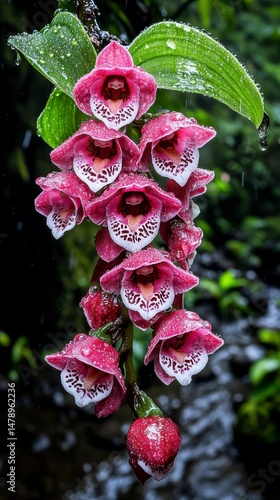 Stunning Pink Orchid Cluster in Lush Rainforest Setting