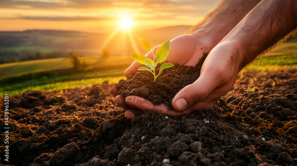 Fototapeta premium tender hands gently cradle a small sprout, symbolizing new life and growth in the face of a warm sunrise 