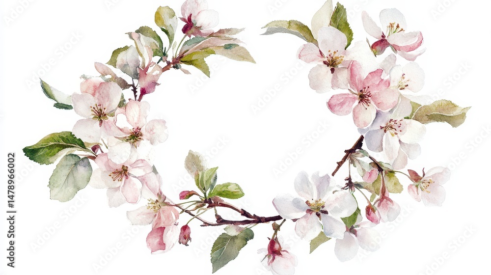 Obraz premium Watercolor painting of a delicate floral wreath with blooming apple blossoms and branches.