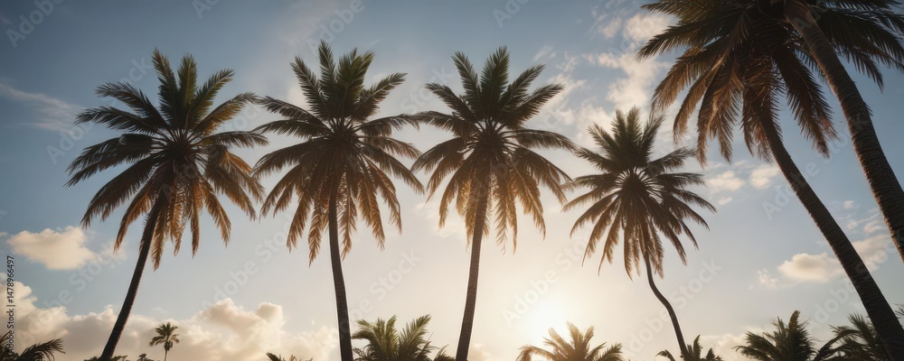 Fototapeta premium Tall palm trees against a bright sky, dramatic lighting, texture, photography, sky