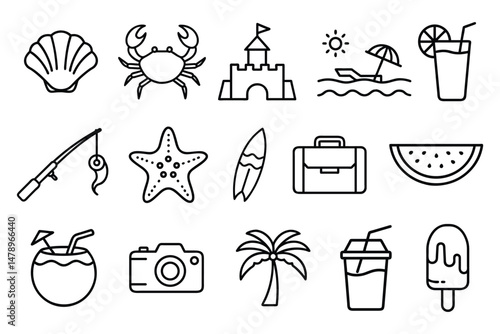 Minimal Beach & Summer Vacation Outline Icons. Bold and easy to color. coloring book icon. 