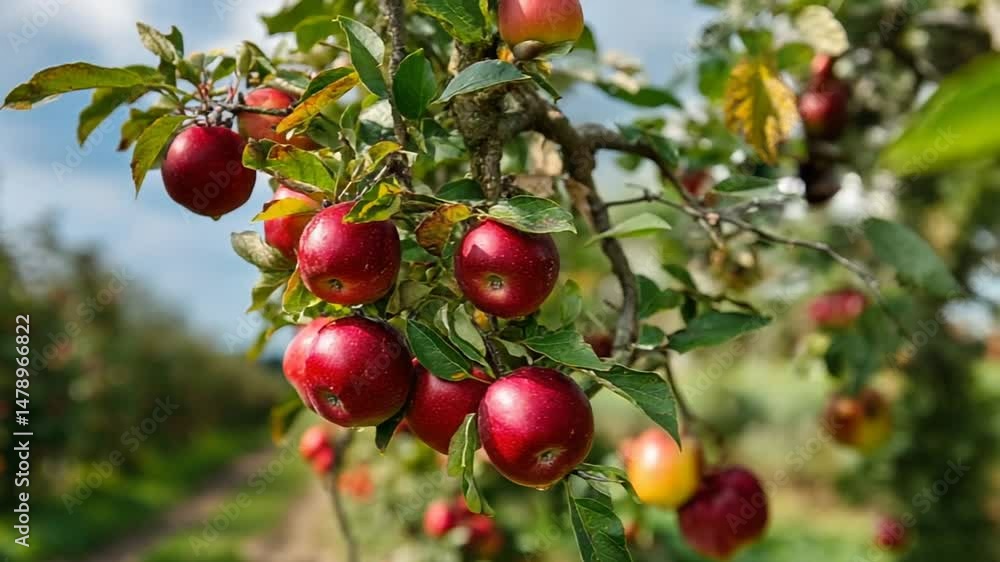 Red apples hanging from a tree in a lush orchard under a blue sky Red apples hanging from a tree in a lush orchard under a blue sky
