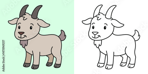 Cute goat cartoon character coloring page vector illustration