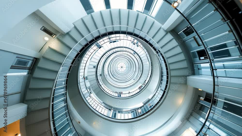 Top view of white spiral staircase creating hypnotic geometric pattern with strong symmetry and soft light. Concept of modern architecture and abstract perspective