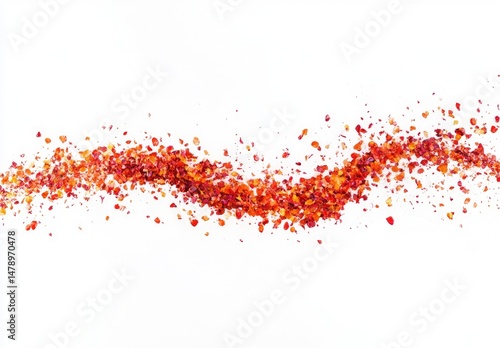 Red spice particles in a flowing motion against white background