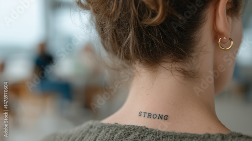 Embracing Strength: The nape of a woman's neck with the word 