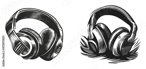 Detailed Black and White Illustration of Stylish Headphones on Display