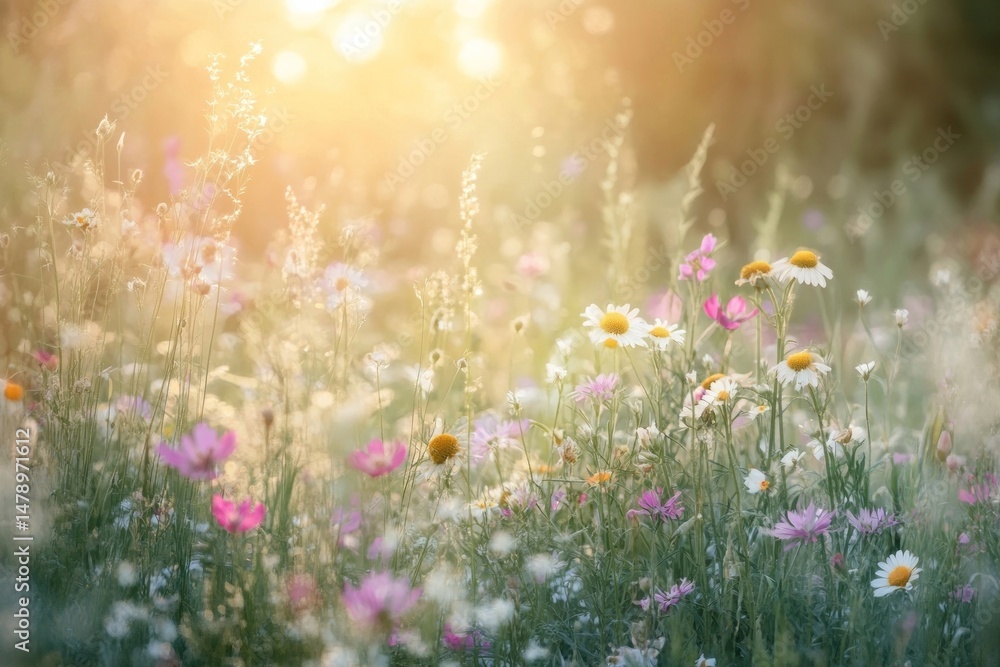 Obraz premium Summer wildflower meadow sunlight flowers nature.