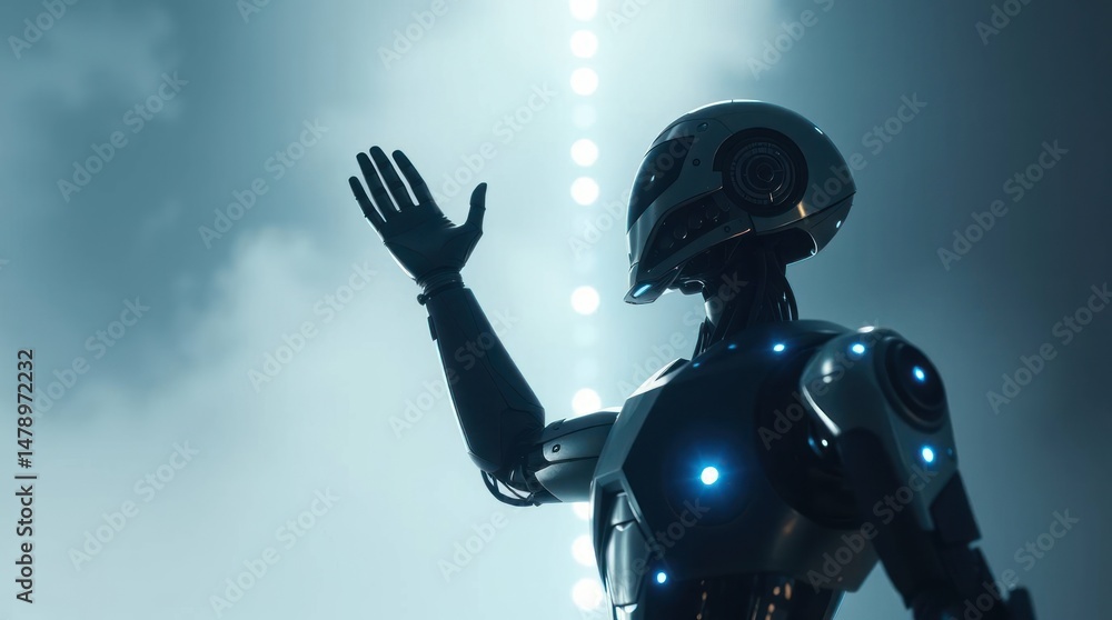 Naklejka premium Cybernetic being reaching for shimmering sky