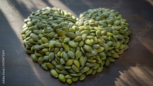Heart-shaped green coffee bean pile on soft neutral background surface