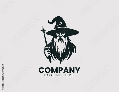 Powerful Wizard Silhouette Long Beard Pointed Hat Staff Vector Logo Design, Strong Sorcerer Silhouette Long Beard Pointed Hat Staff Vector Logo, Mystical Wizard Silhouette Long Beard Pointed Hat Staff