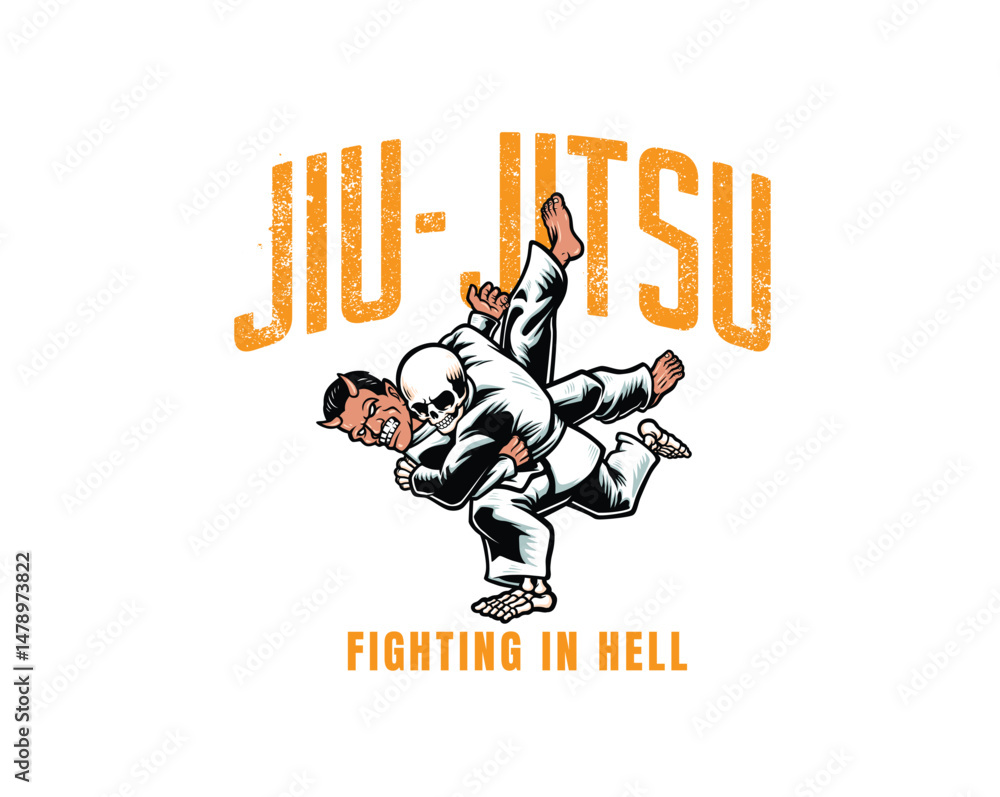 Fototapeta premium devil and skeleton fighting illustration