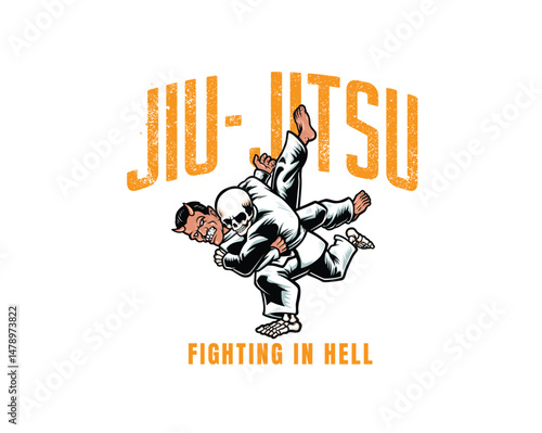 devil and skeleton fighting illustration