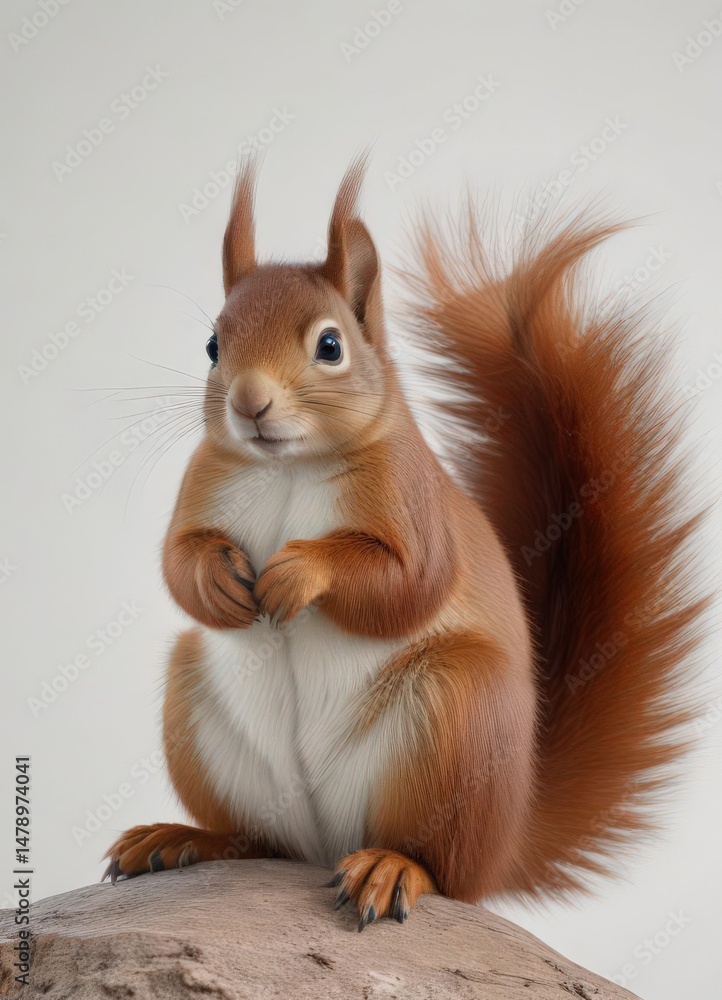 Obraz premium Red squirrel sitting, alert expression, pure white backdrop , wildlife photography, sciurus vulgaris, mammal