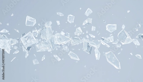Abstract Composition of Floating Glass Shards Against a Soft Light Blue Gradient Background