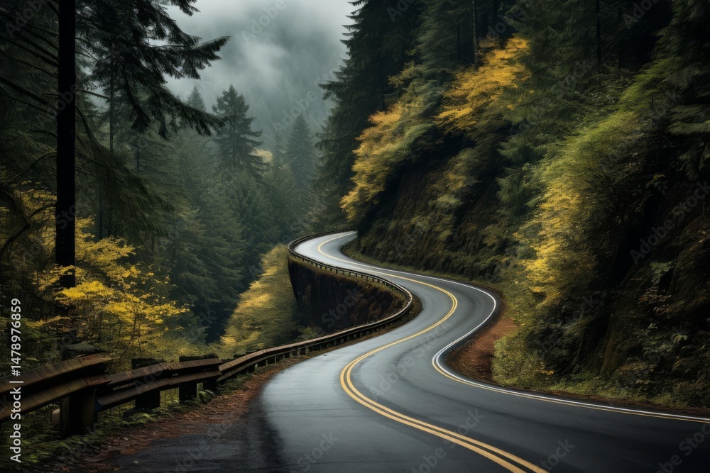 Obraz premium A winding road through a forest. Vegetation is predominantly green, with patches of yellow. Road is wet and shiny. Fog in distance.