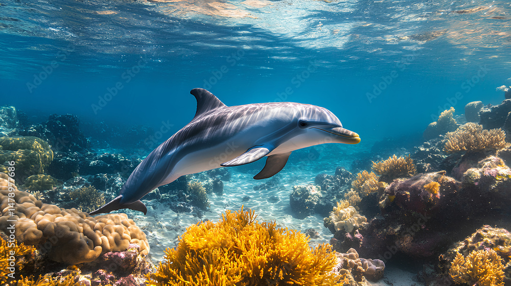 Obraz premium Playful dolphin swims gracefully among vibrant coral reefs in a sunlit ocean wonderland teeming with colorful marine life
