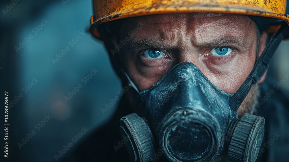 Close-up of a man in a yellow construction helmet and gas mask. His blue eyes are intense and focused.. Close-up of a man in a yellow construction helmet and gas mask. His blue eyes are intense and focused..
