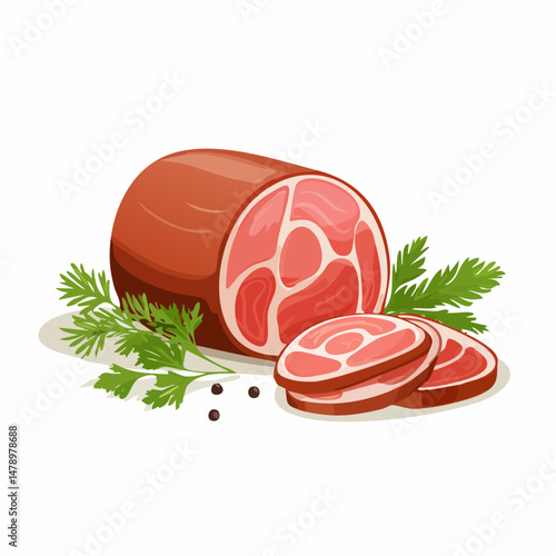 Delicious Ham Roll with Slices and Fresh Herbs Illustration