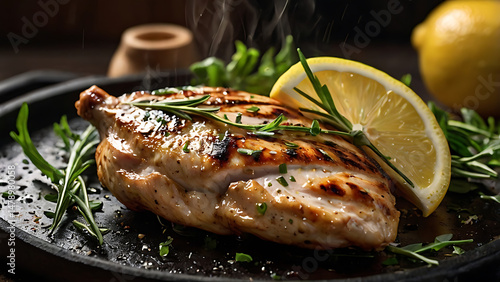 Delicious grilled chicken breast with lemon and herbs on a dark plate
