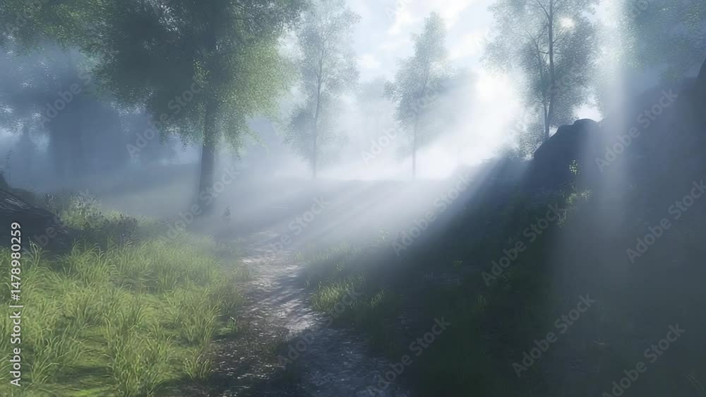 Serene forest path illuminated by soft sunlight through mist Serene forest path illuminated by soft sunlight through mist