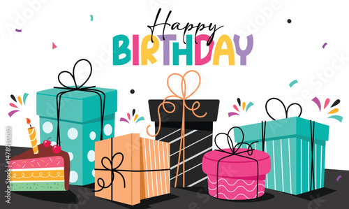 Happy birthday greeting clipart banner design. Birthday greeting text with colorful gift boxes and slice of cake elements clip art for happy holiday present surprise vector illustration.
