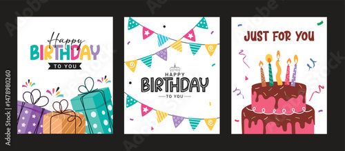 Happy birthday greeting card clipart poster set. Happy birthday invitation card template with gift boxes, pennants and cake decoration elements clip art collection vector illustration.

