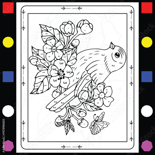Flower and bird color by number coloring book for adults