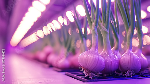 An indoor hydroponic farm cultivating genetically enhanced shallots under LED lights.