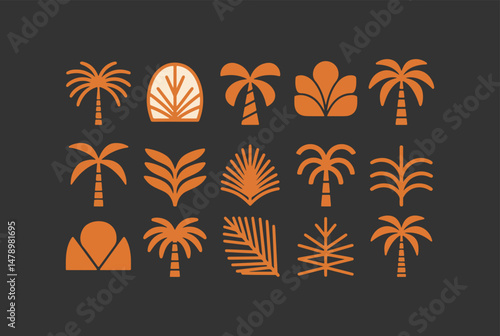 Collection of Orange Palm Trees and Tropical Leaves on Dark Background