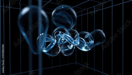 Translucent abstract design featuring fluid shapes, dark background, and blue grid lines evokes modern art and technological innovation