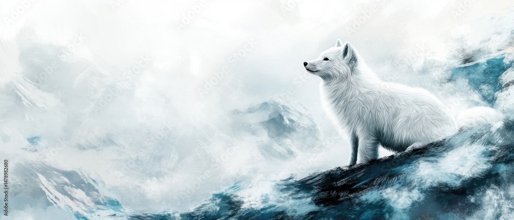 Fototapeta premium Arctic Fox Portrait in Winter Landscape Digital Art Illustration with Snow Mountains and Misty Sky Profile View