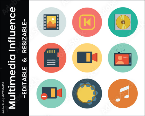 Media Elements Icon Set Featuring Film,Music,Camera,And Television Isolated On White Background