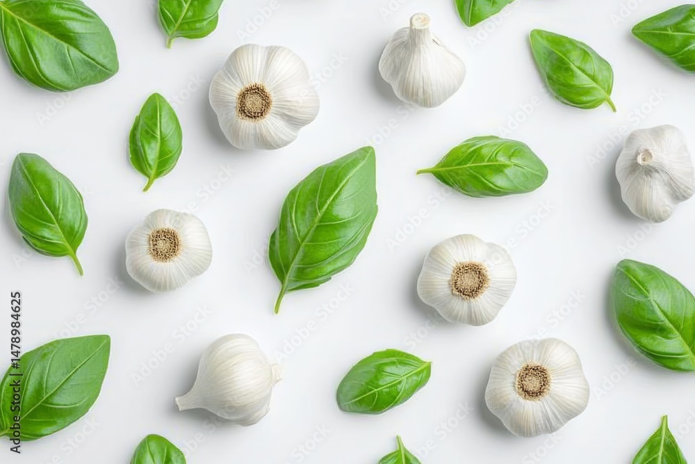 Fototapeta premium Overhead Flat Lay of Fresh Green Basil Leaves and White Garlic Bulbs on a Clean White Background with Natural Lighting