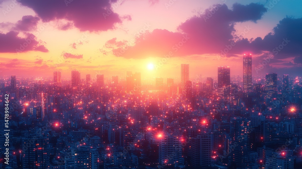 Obraz premium Cityscape at Sunset: A Vibrant Metropolis